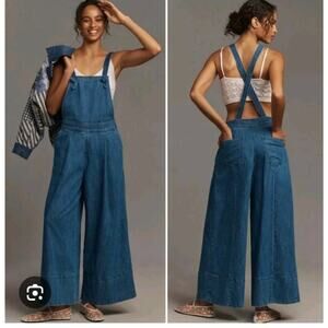 NWT Maeve Anthropologie Pinafore Denim Wide Leg Jumpsuit Overalls Sz M